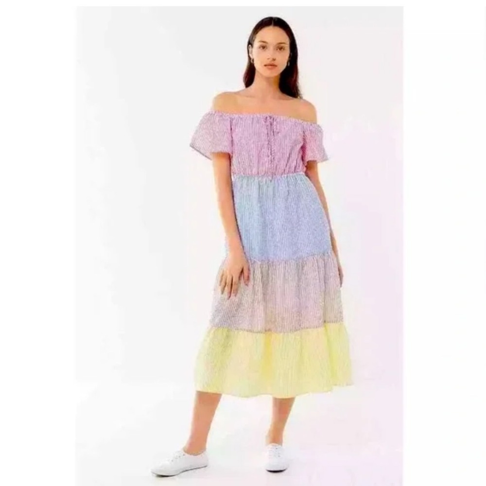 Urban Outfitters XS‎ Off Shoulder Striped Seersucker Tiered Maxi Dress